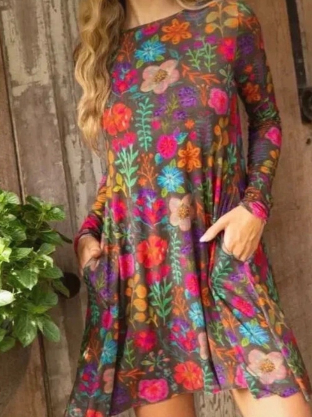 NATURAL LIFE Multicolor Floral Long-Sleeve Swing Dress
